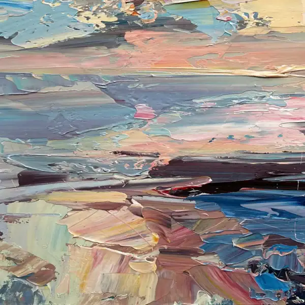 Macro view of the right side of the sunset seascape oil painting, showcasing the rich oil paint texture and the interplay between the bright sky colors and the deep shadows of the Mediterranean coast.