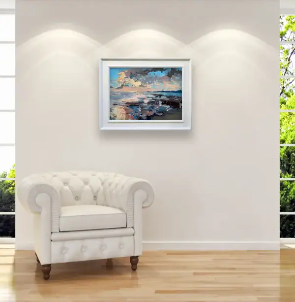 Authentic Italian evening oil painting by Agostino Veroni with a white modern wood frame, showing a vibrant sunset over the sea, hanging in a contemporary living-room.