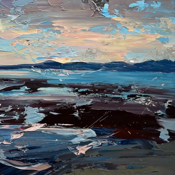 Close-up detail of the Italian evening oil painting, highlighting the thick layers of dark blue and purple paint in the foreground contrasting with the soft pink and golden reflections of the sunset.