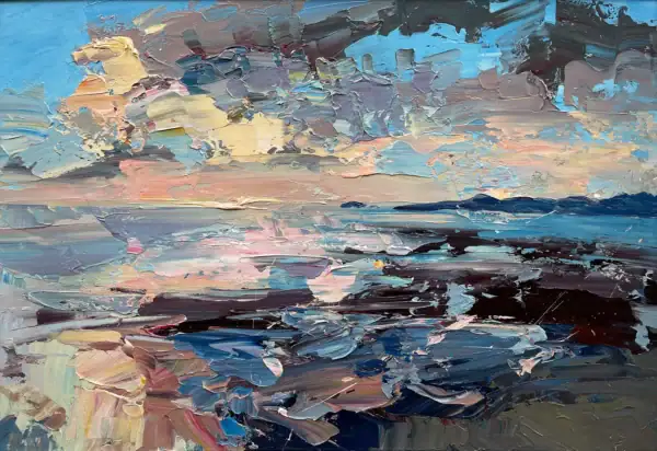An original sunset seascape oil painting by Agostino Veroni, featuring a glowing orange Italian evening horizon over a deep blue sea with heavy impasto palette knife textures.