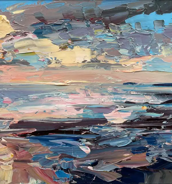 Detailed macro shot of the sunset seascape oil painting, showing the heavy impasto texture and energetic palette knife strokes in shades of orange, yellow, and blue on the horizon and water.