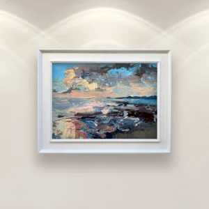 Sunset beach oil painting on canvas displayed in a bright interior, hand-painted artwork in modern impressionist style