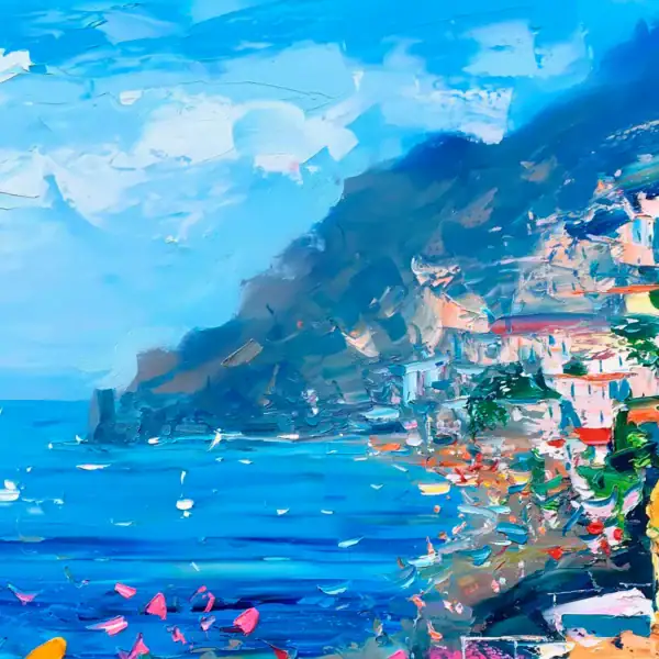 Detailed view of the Amalfi Coast mountain and azure sea in Agostino Veroni's original painting, capturing the Mediterranean light and atmosphere.