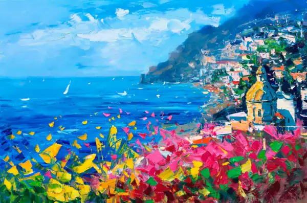 Macro detail of the vertical village and shimmering sea in the Positano oil painting by Agostino Veroni, emphasizing the sculptural paint layers.