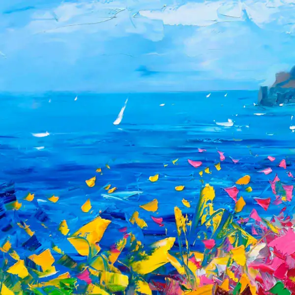 Artistic close-up of the vibrant yellow and blue impasto strokes in the foreground of Agostino Veroni's Positano painting.