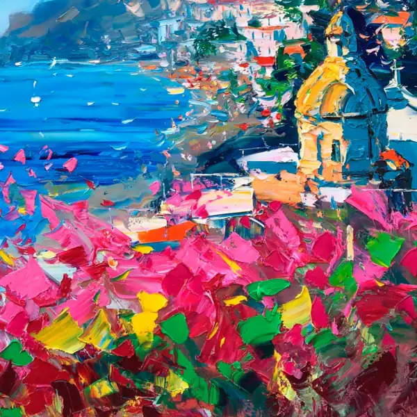 Close-up of the golden dome and pink bougainvillea in Agostino Veroni's Positano painting, showing the heavy impasto and palette knife technique.