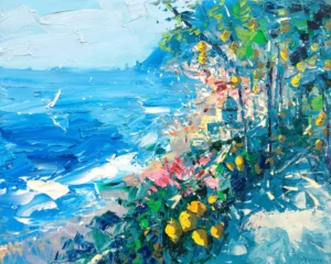 Original oil painting of a Positano coastal path by Agostino Veroni, featuring bright yellow lemons, pink flowers, and a white sailboat on a vibrant blue sea with thick impasto texture.