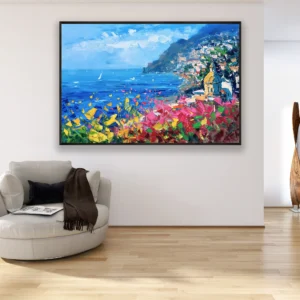 Original Positano coastal flowers oil painting on canvas, modern impressionist Amalfi Coast seascape with textured brushstrokes and colorful flowers