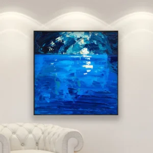 Blue Grotto Capri seascape oil painting on canvas displayed in a bright living room, hand-painted modern impressionist artwork with deep blue reflections and coastal atmosphere.