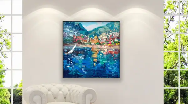Original Positano oil painting by Agostino Veroni featured on a white wall, showcasing the vibrant Mediterranean summer light and colors.