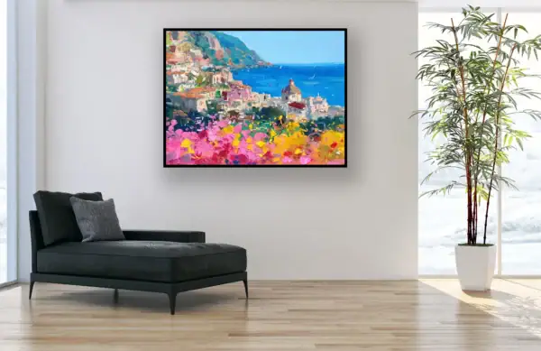 Modern minimalist lounge interior featuring an original Positano oil painting by Agostino Veroni above a black chaise longue.