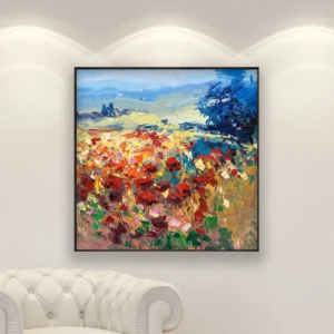 Modern Landscape oil painting on canvas displayed in a bright living room