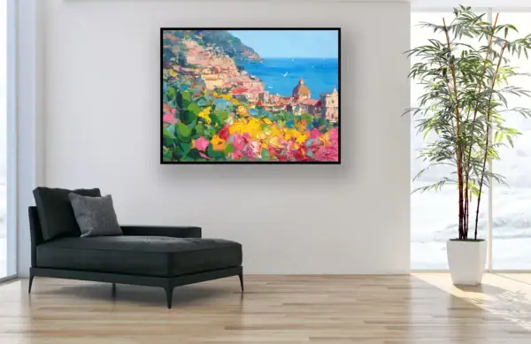 Modern interior design featuring an original Positano painting by Agostino Veroni in a minimalist lounge area with a black chaise longue.