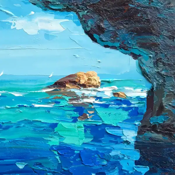 Detailed view of the dark cave walls and bright sea opening in the Blue Grotto painting by Agostino Veroni, emphasizing the thick oil paint layers.