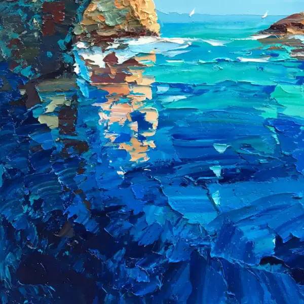 Close-up of the crystalline turquoise water reflections in the Blue Grotto painting, showcasing Agostino Veroni's mastery of light and color.