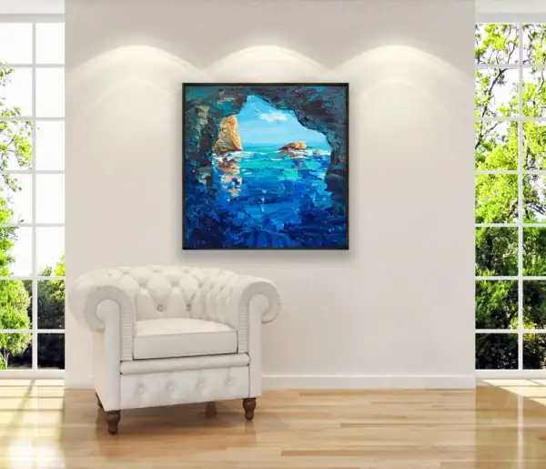 Original Blue Grotto artwork by Agostino Veroni displayed in a bright, modern room, perfect for bedroom or studio wall decor with an Italian touch.