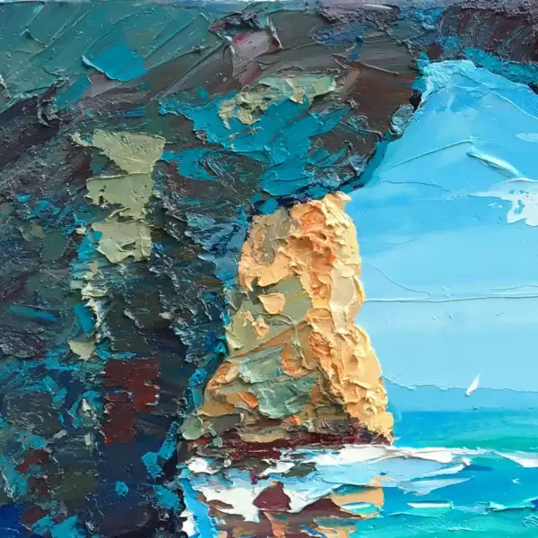 Macro detail of Agostino Veroni's palette knife technique on the golden rocks, showing the heavy impasto oil paint texture in the Blue Grotto painting.