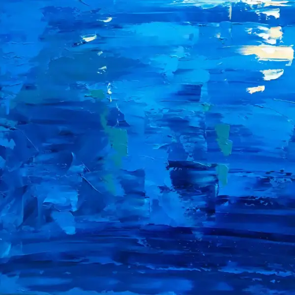 Close-up of the Blue Grotto oil painting texture, showcasing thick layers of cobalt and navy blue oil paint applied with a palette knife to represent the deep, moving water of the sea cave.