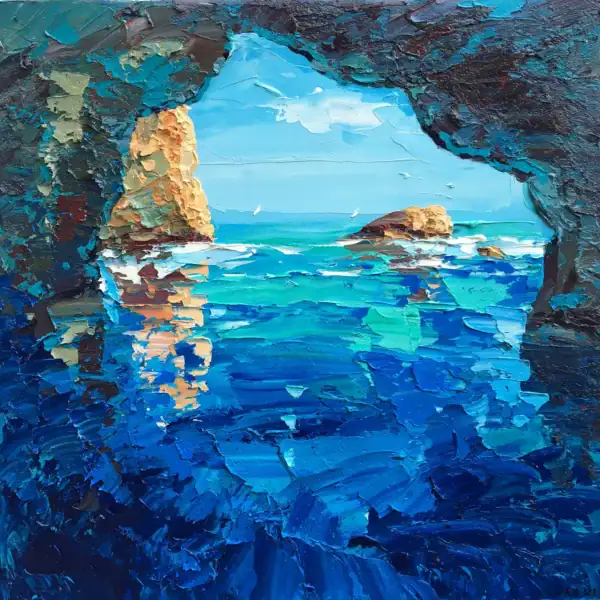 An original Blue Grotto oil painting by Agostino Veroni, showing the glowing turquoise water of the Capri sea cave with heavy impasto texture and palette knife details.