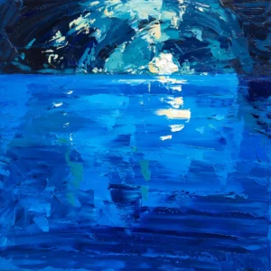 An original oil painting of the Blue Grotto in Capri by Agostino Veroni, featuring intense shades of blue and white light reflections on the water, created with a heavy impasto palette knife technique.