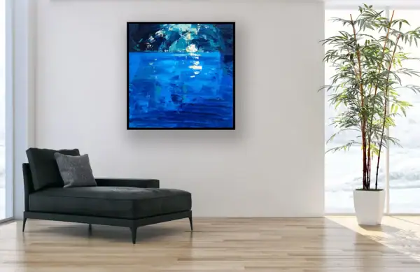 Large square oil painting of the Blue Grotto by Agostino Veroni displayed in a modern living-room with a black chaise longue, a wooden floor, and a large plant near a bright window.