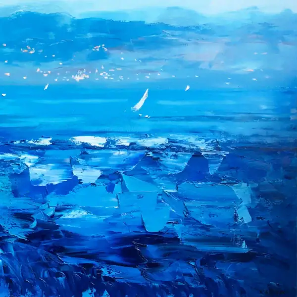 An extreme close-up of the deep blue Mediterranean sea, showcasing the energetic palette knife strokes and the tiny white sailboats catching the light on the textured horizon.