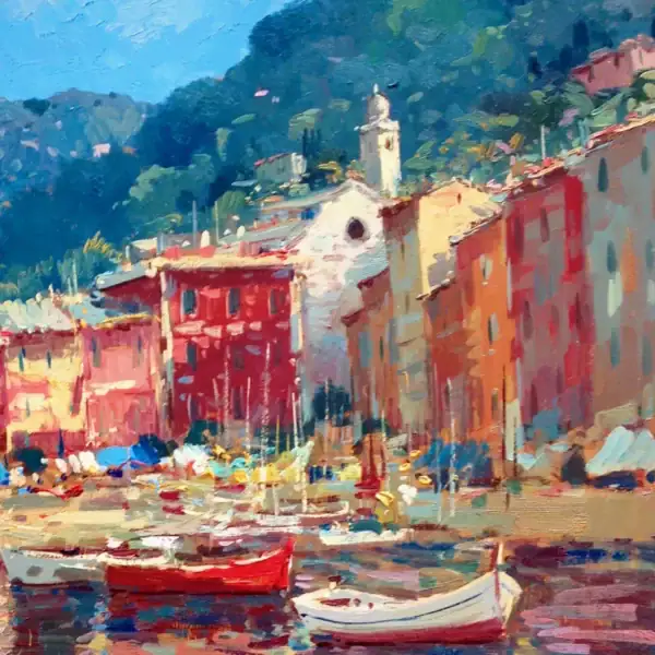 Close-up detail of a harbor scene with red and white wooden boats and iconic colorful houses of Portofino, painted with energetic palette knife strokes and rich oil texture.