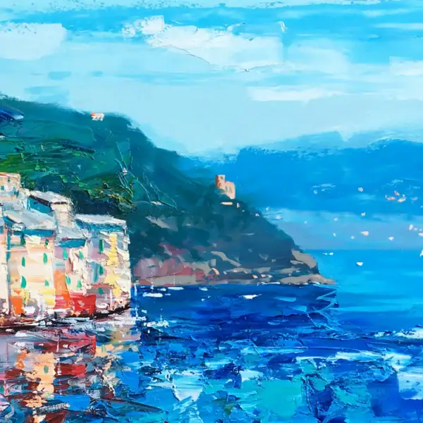 Close-up detail of the Portofino coastline and the distant castle, revealing the intricate palette knife work and the lush green vegetation rendered with professional oil colors.