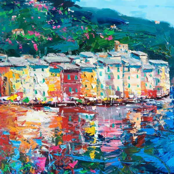 A detailed macro view of the colorful houses in Portofino, showing the thick heavy impasto layers and the vibrant reflections of reds and yellows in the moving water.