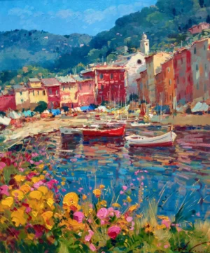 An original Portofino oil painting by Agostino Veroni, featuring the vibrant harbor with colorful houses, wooden boats, and foreground wildflowers, painted with his signature heavy impasto technique.