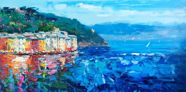 An original Portofino oil painting by Agostino Veroni featuring the iconic colorful houses of the harbor reflected in the deep blue Mediterranean sea with thick palette knife textures.