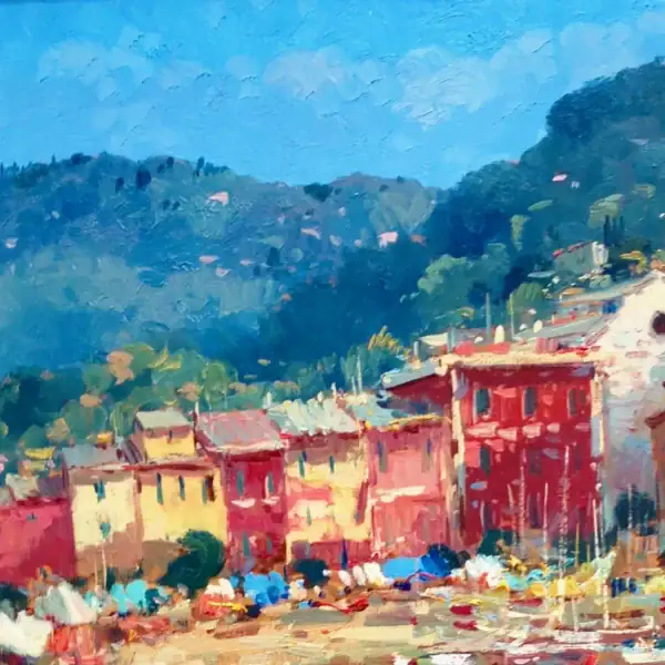 Detailed view of a Ligurian hillside and Mediterranean architecture in an oil painting, showcasing heavy impasto layers defining the buildings and lush green mountains.