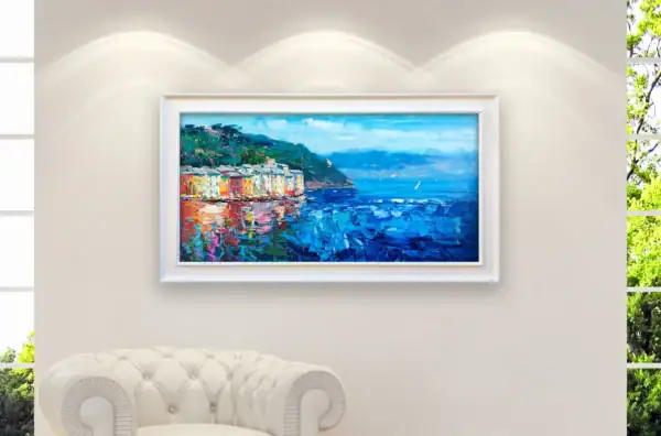 A medium shot of the Portofino oil painting by Agostino Veroni, highlighting how the vibrant blues and warm house colors complement a contemporary home decor.
