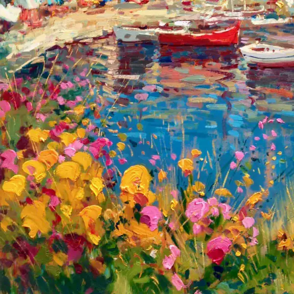 Macro view of the foreground in a Portofino oil painting, showing thick heavy impasto wildflowers in shades of yellow and pink over blue water reflections.