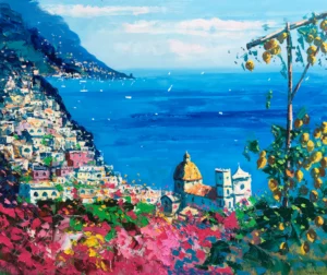 Original oil painting of Positano by Agostino Veroni, featuring yellow lemons on a branch, a cascade of pink flowers, and the golden church dome against a bright blue sea with thick palette knife texture.