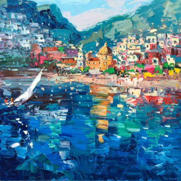 Original oil painting of Positano by Agostino Veroni, featuring a white sailboat on the turquoise sea, a crowded sunny beach, and the golden church dome with thick palette knife texture.