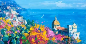 Original oil painting of a Positano terrace by Agostino Veroni, featuring green prickly pears, vibrant pink and yellow flowers, and the golden church dome overlooking a bright blue sea with thick palette knife texture.