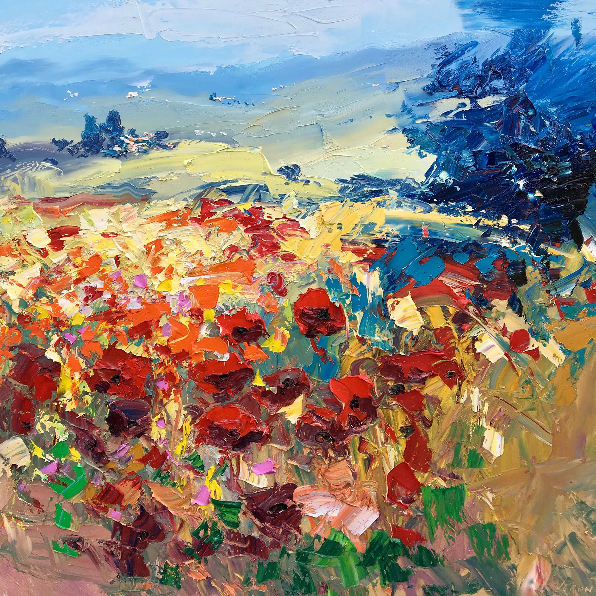 An original Tuscany landscape oil painting featuring a vibrant red poppies field and heavy impasto technique.