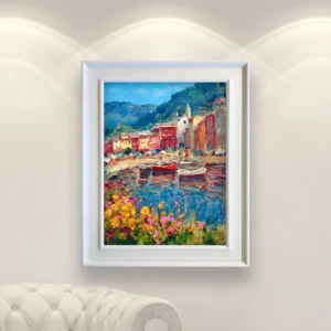 Portofino village vertical oil painting on canvas displayed in a bright interior, colorful Italian houses and harbor scene in modern impressionist style.