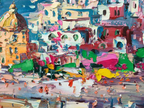 Close-up of the sun-drenched coastal architecture and houses in Positano, highlighting the rich textures and bold impasto of the painting.
