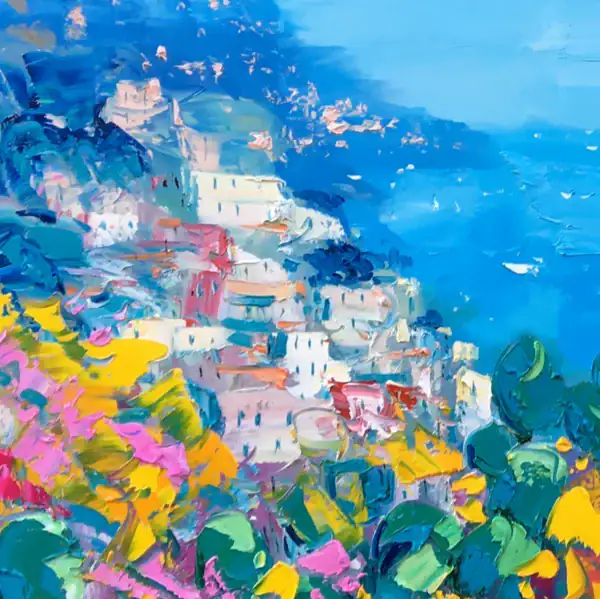 Close-up of the colorful houses on the Positano hillside in an original oil painting, showing the vibrant Mediterranean light and expressive brushwork.