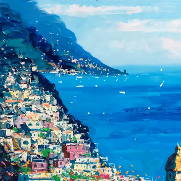 Close-up detail of the colorful houses on the Positano cliffside in an original oil painting, showing the vibrant summer light and heavy palette knife impasto.
