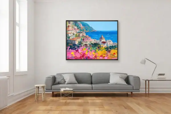 Large original Positano floral oil painting by Agostino Veroni displayed above a modern grey sofa in a bright contemporary living room.