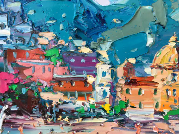 Close-up detail of the colorful red houses on the Positano hillside, showcasing Agostino Veroni's expressive palette knife technique.