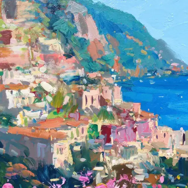Macro detail of the colorful coastal houses and rugged cliffs of Positano in an original textured oil painting by Agostino Veroni.