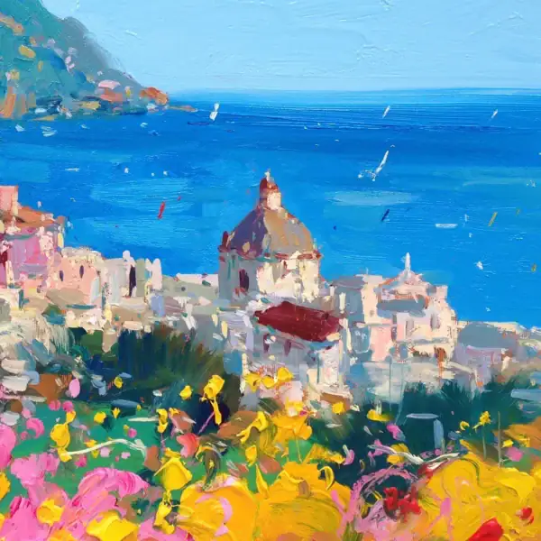 Detailed view of the iconic Positano church dome and blue Mediterranean sea in an original oil painting by Agostino Veroni.
