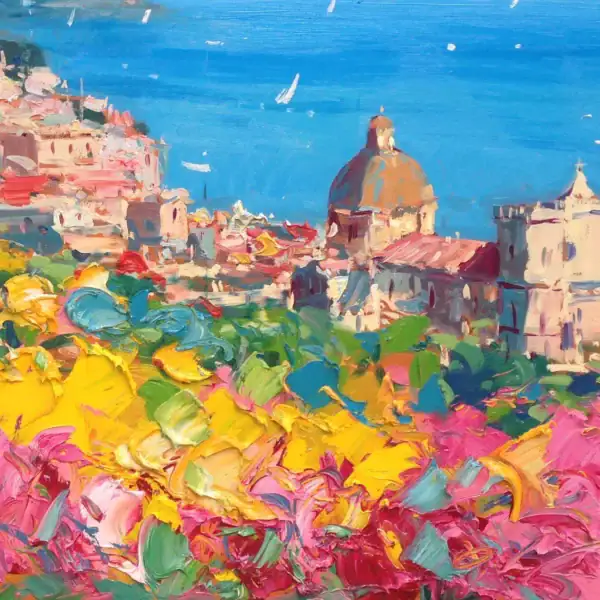 Detailed view of the iconic majolica dome and colorful Mediterranean flowers in an original Positano oil painting by Agostino Veroni.