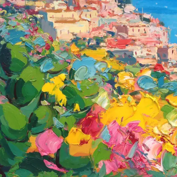 Close-up detail of an original Positano oil painting by Agostino Veroni showing thick impasto texture and expressive palette knife brushwork.