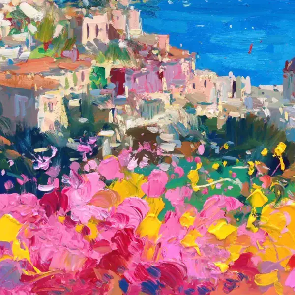 Close-up detail of vibrant pink flowers in a Positano oil painting by Agostino Veroni, showing heavy impasto and palette knife technique.