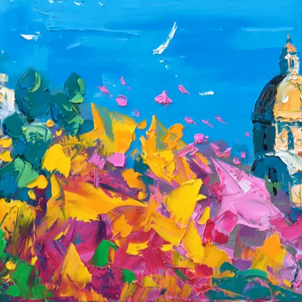 Detailed view of green prickly pears and vibrant pink flowers in Agostino Veroni's painting, highlighting the thick palette knife texture and heavy impasto.